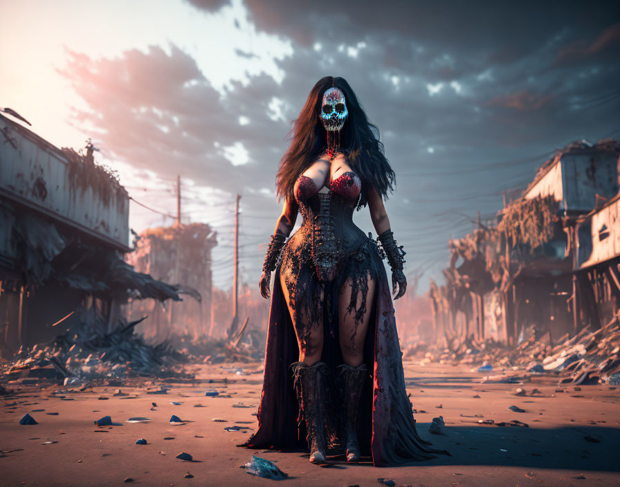 Woman in dark skull costume on post-apocalyptic street