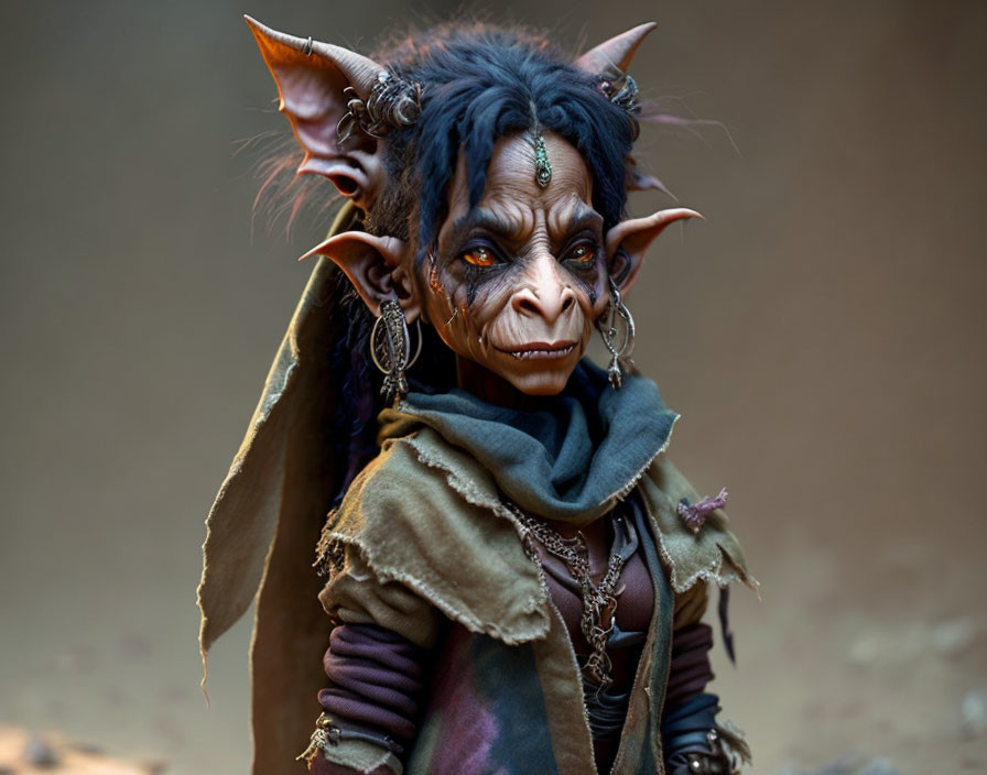 Detailed Fantasy Creature Makeup with Horns, Pointed Ears, Snout, Green Eyes