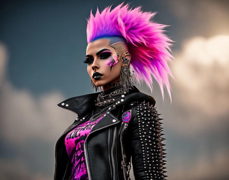 Vivid pink mohawk, punk makeup, facial piercings in studded leather jacket