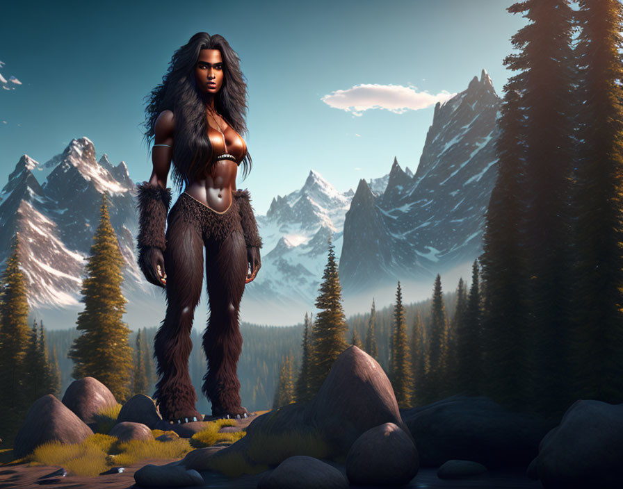 Majestic mountain landscape with powerful warrior woman in fur clothing