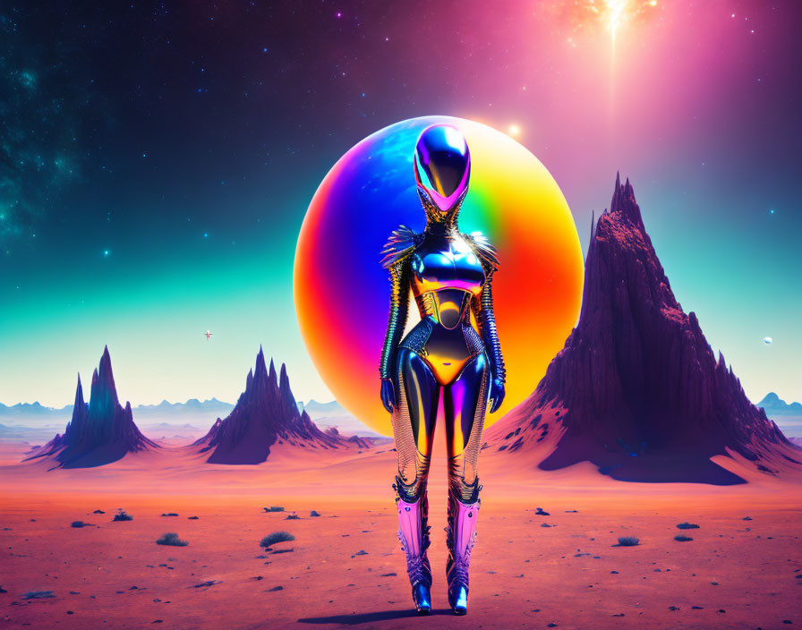 Reflective futuristic robot in desert with colorful planets and starry sky