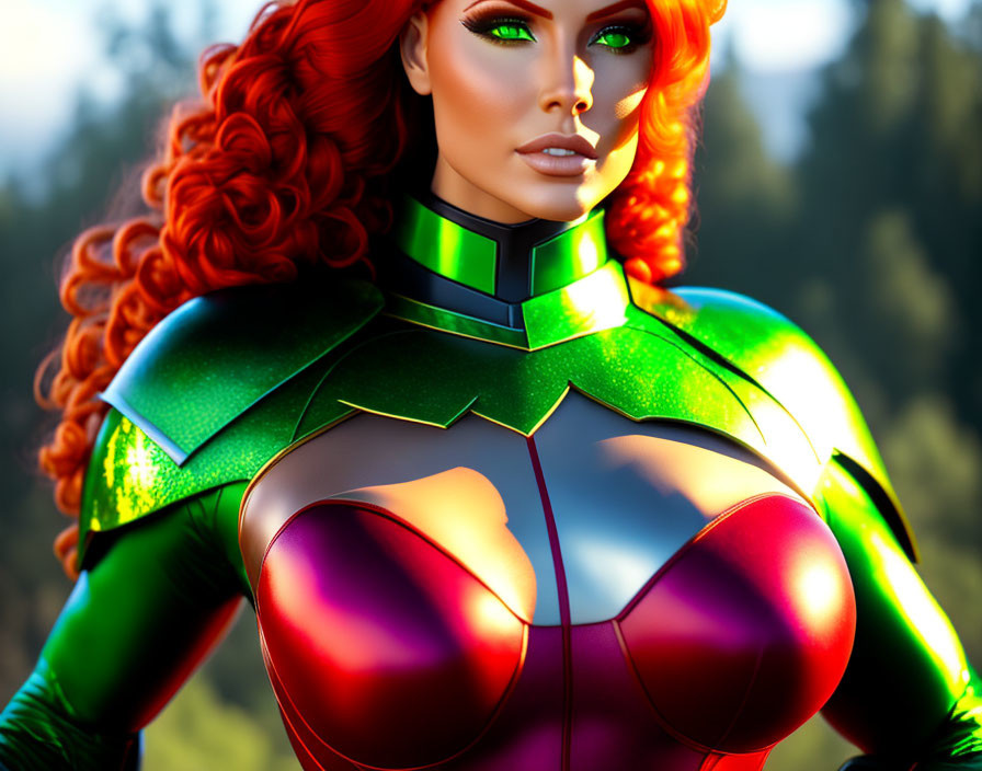 Vibrant red-haired woman in futuristic armor against blurred background