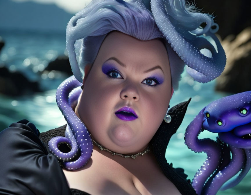 Digital portrait of a woman with octopus tentacles, vibrant makeup, and marine attire by the coast