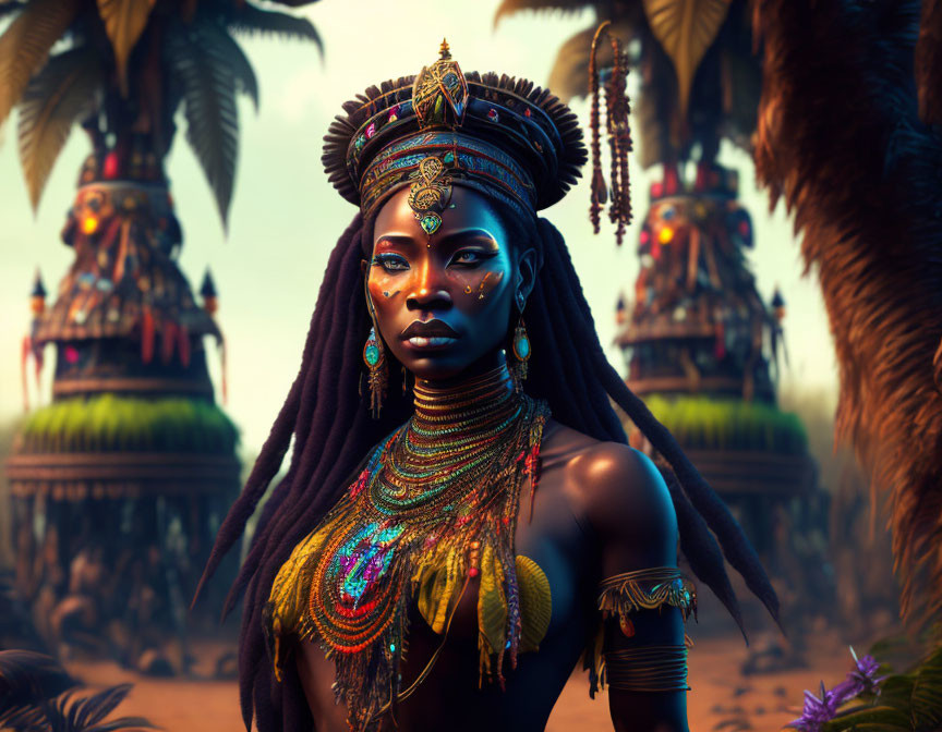 Regal woman in tribal jewelry and headdress with palm tree backdrop