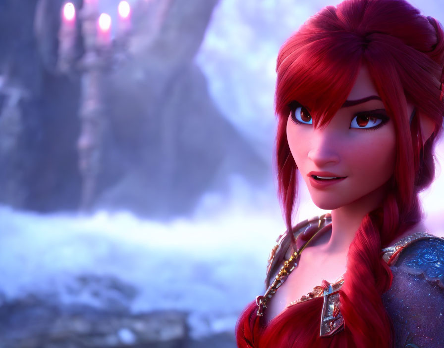 Red-haired animated female character with braid and gold necklace in icy backdrop