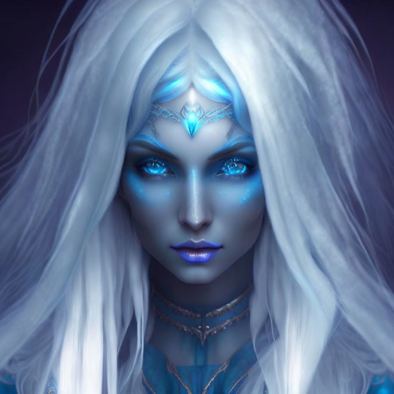 Ethereal being with blue eyes, white hair, and intricate markings