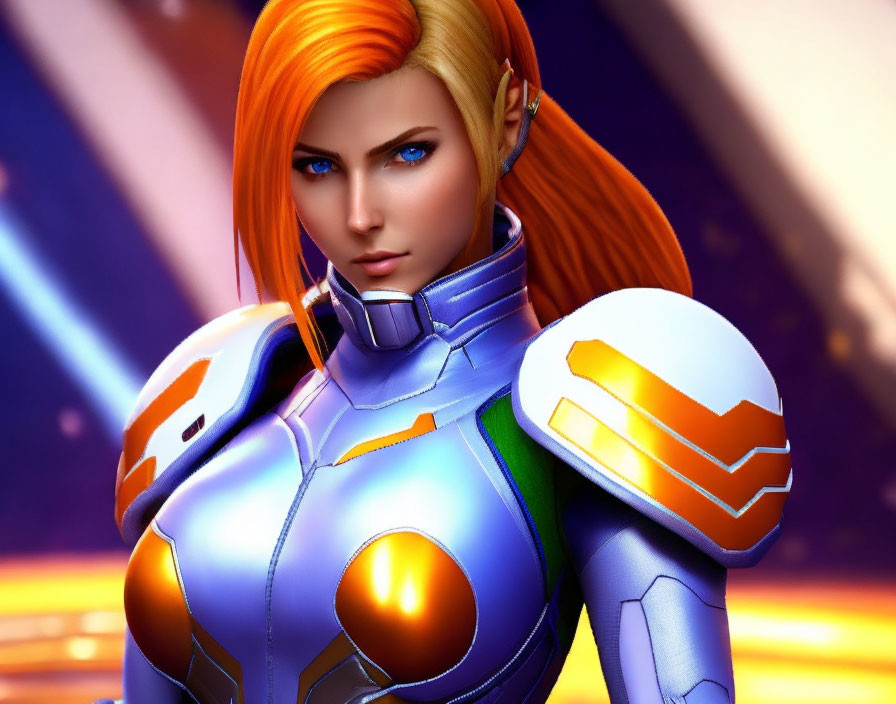 Orange-haired female character in futuristic blue armor on abstract light background