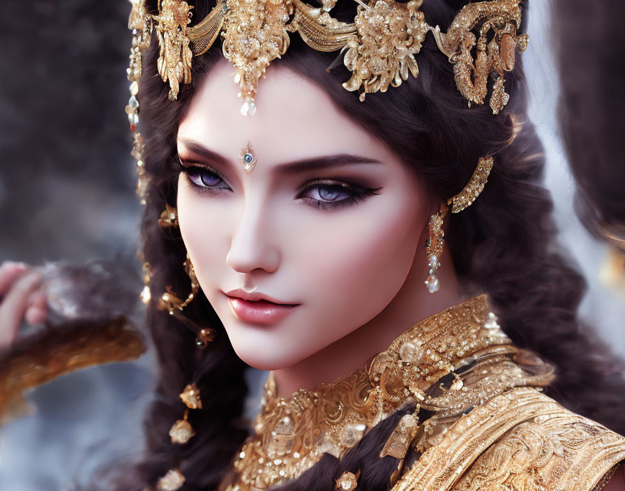 Elaborate Golden Headdress and Jewelry on Woman with Braided Hairstyle