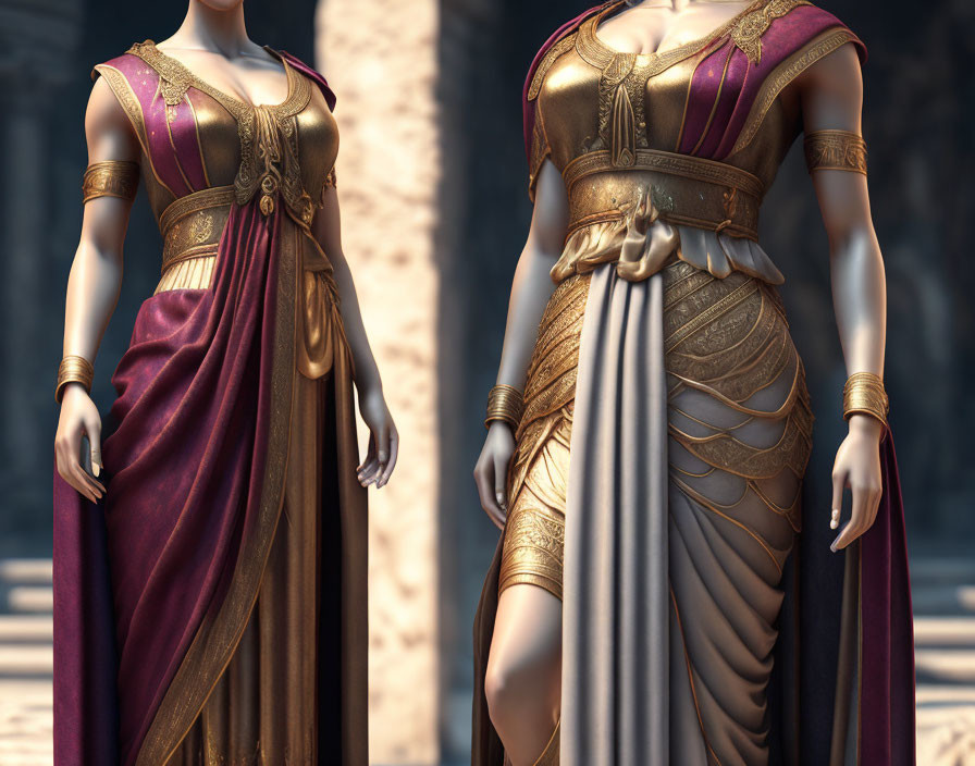 Two women in ancient Greek-style dresses with intricate golden patterns and accessories.