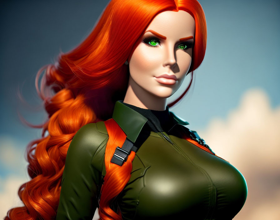 Voluminous red-haired woman in green outfit under clear sky