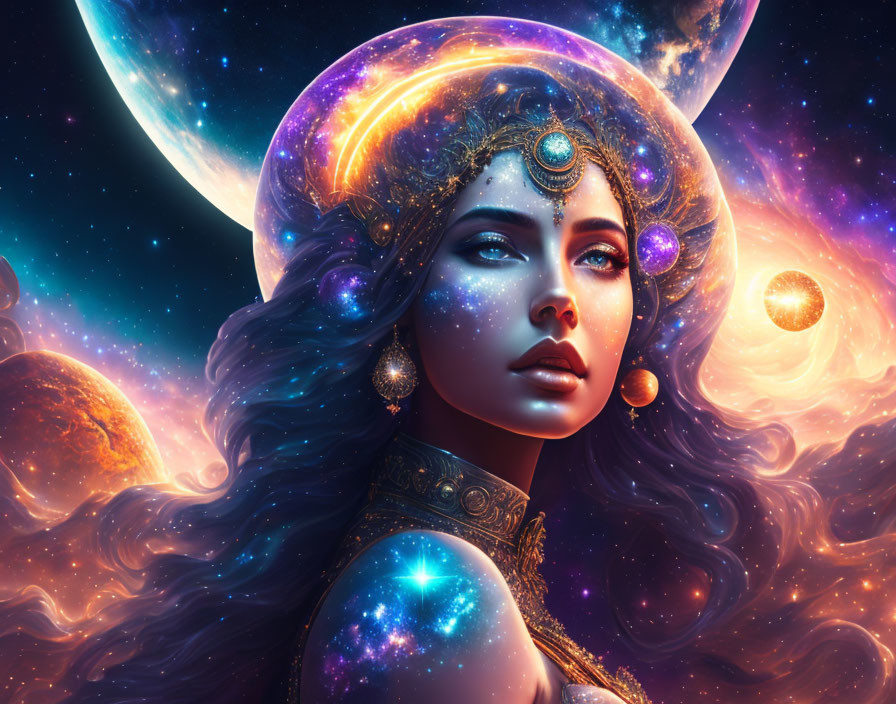 Cosmic portrait of a woman with stars, nebulae, and moon, showcasing mystical beauty