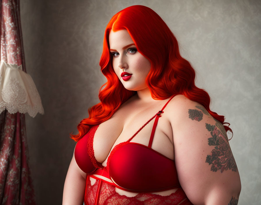 Red-haired woman in red lingerie with arm tattoo against grey backdrop