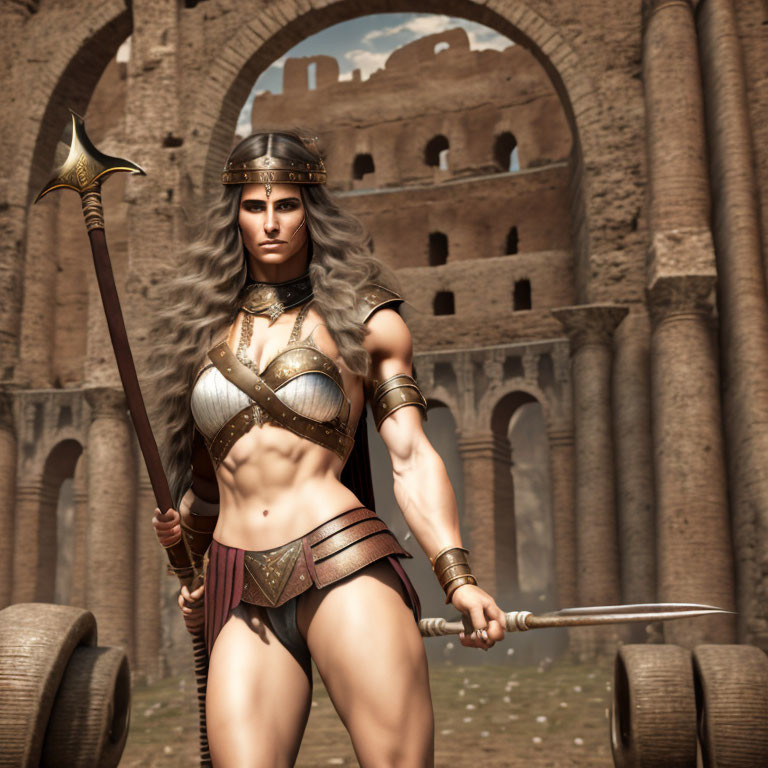 Warrior woman in ancient armor with spear and sword in colosseum-like setting