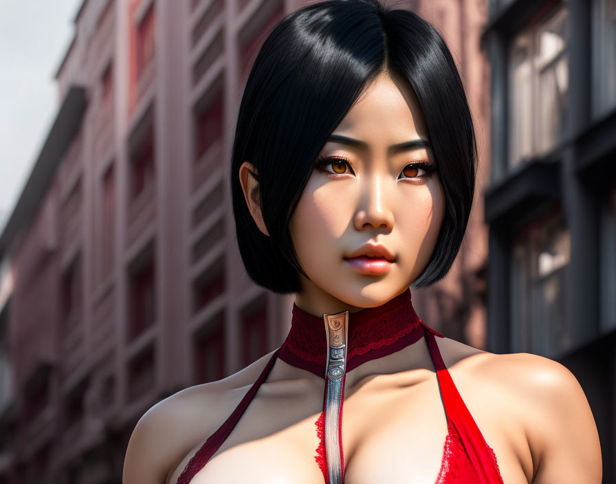 Digital artwork: Woman with short black hair, amber eyes, red halterneck top, urban backdrop