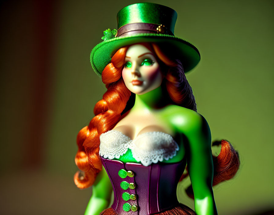 Collectible figurine: Woman with red hair, green corset, lace top, green top hat