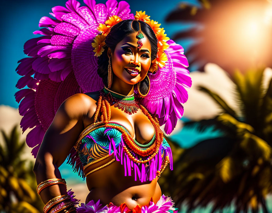 Colorful woman in tropical carnival attire with pink feathers and beaded jewelry, palm trees, and blue