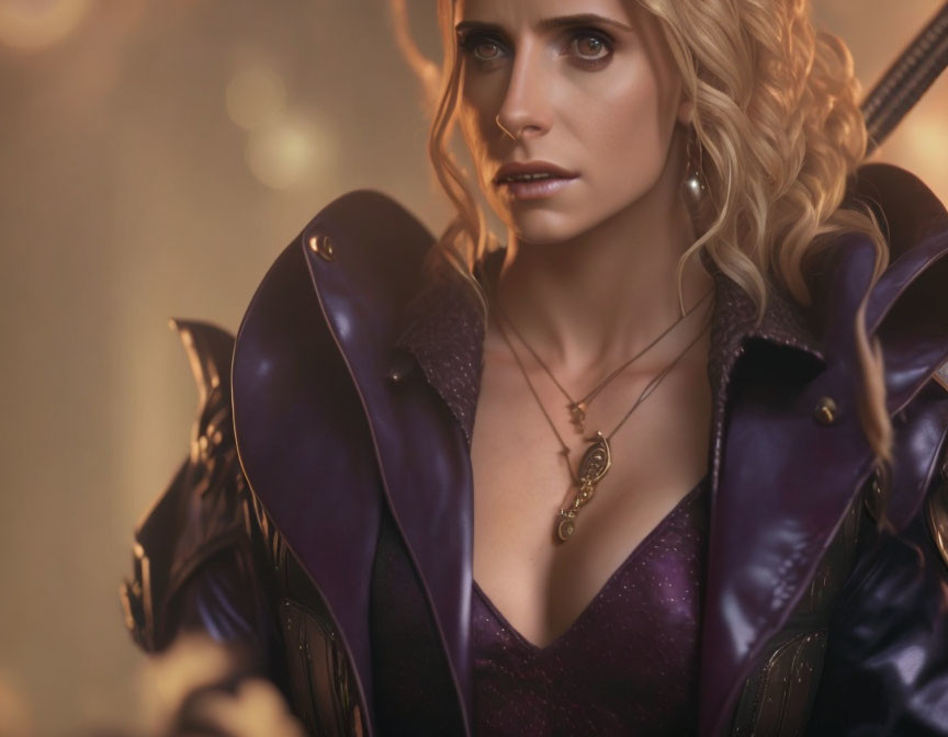 Blonde Woman in Purple Armor with Gold Details