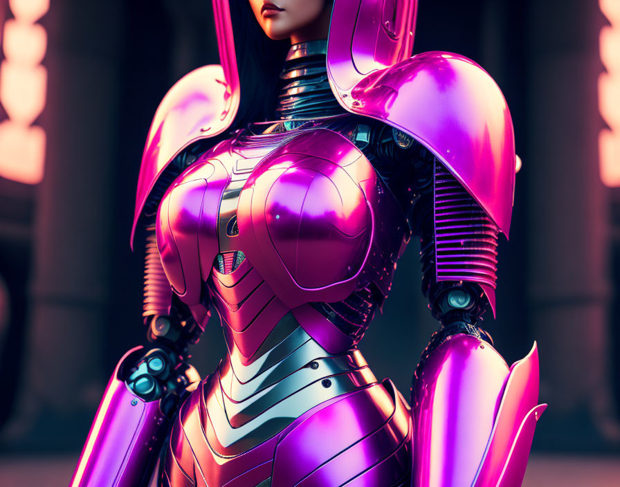 Female futuristic robot with pink and silver armor in urban setting