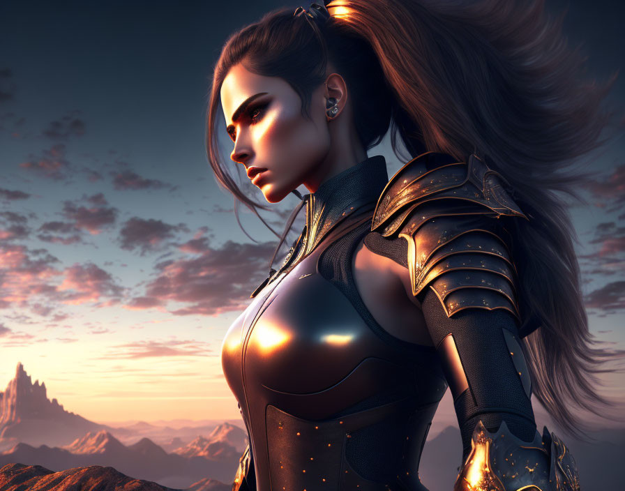 Digital artwork: Female warrior in stylized armor, long hair, dramatic sky, mountains.