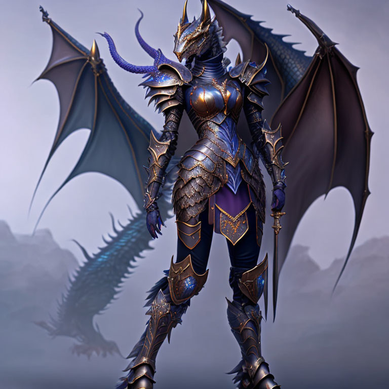 Dragon-humanoid creature in blue and golden armor with wings, facing dragon silhouette.