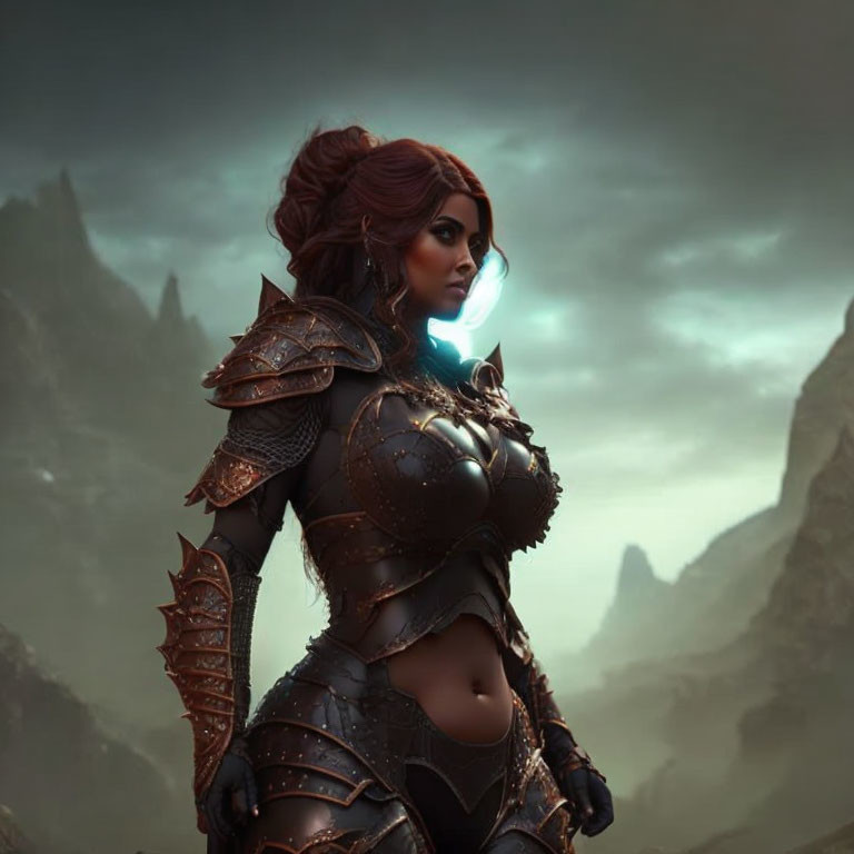 Female warrior in ornate armor with glowing amulet against mountain backdrop