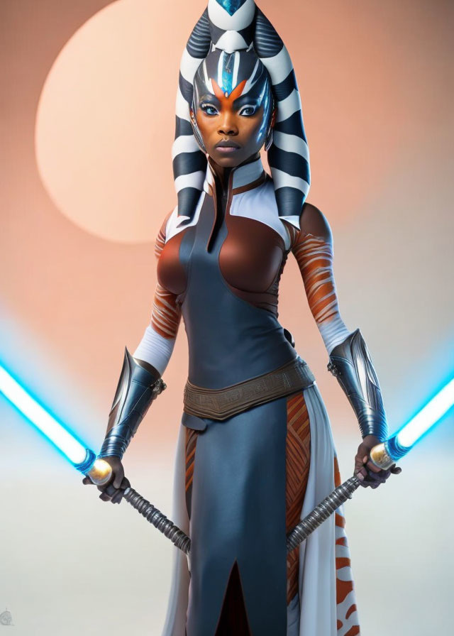 Cosplayer in Ahsoka Tano costume wields lightsabers on warm backdrop