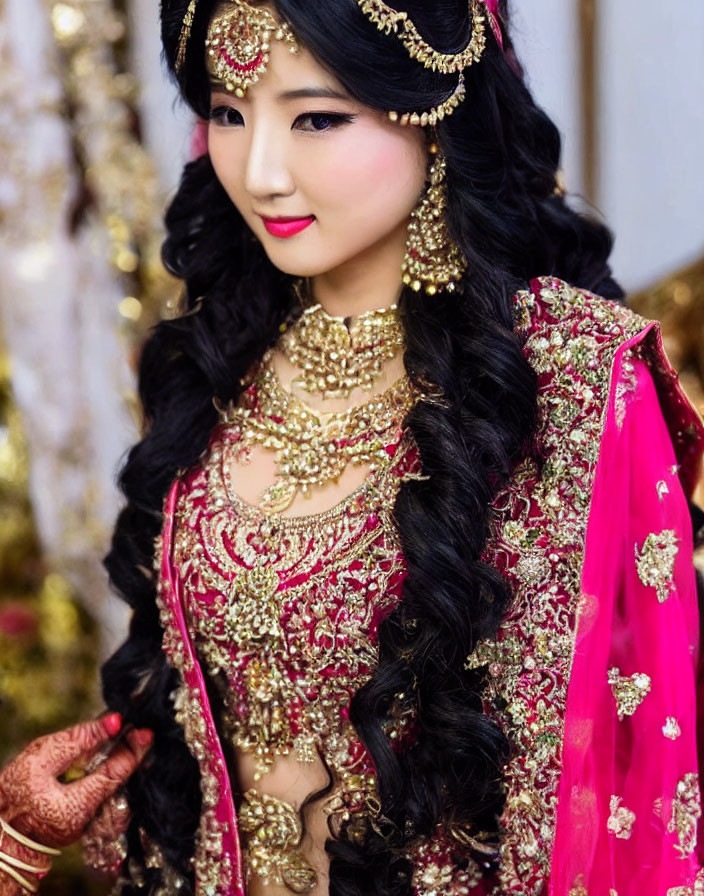 Elaborate Traditional South Asian Bridal Outfit with Gold Jewelry