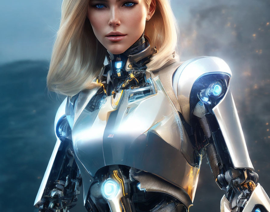 Blonde-Haired Female Cyborg in Futuristic Armor on Glowing Background