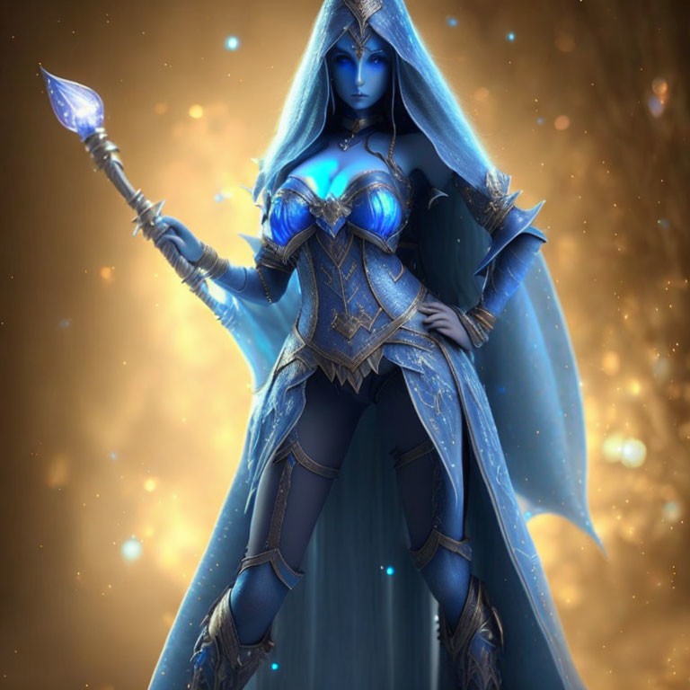 Fantasy illustration of female character in blue armor with glowing spear