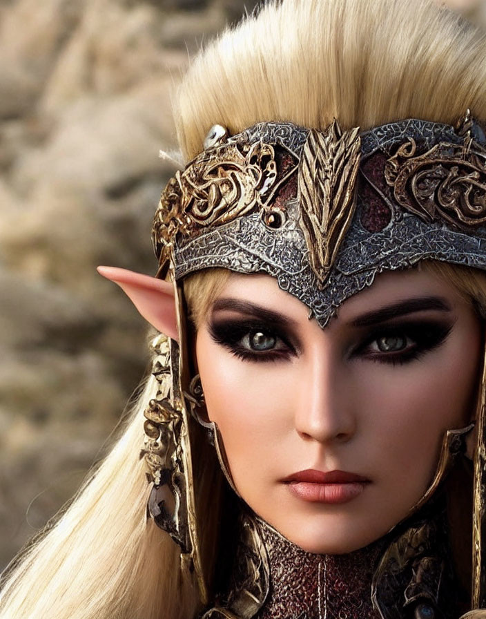 Character with Silver Headgear, Pointed Ears, and Dramatic Eye Makeup