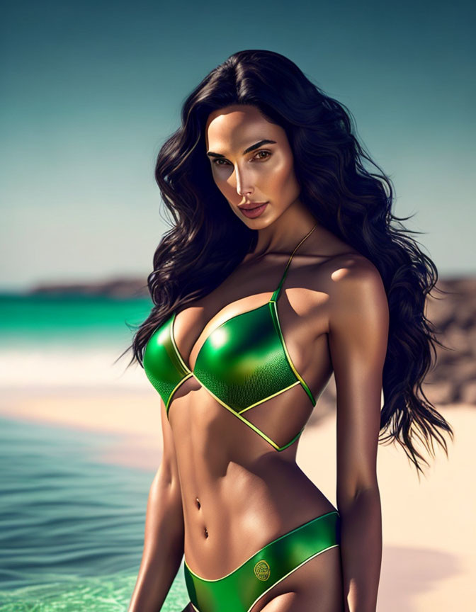 Woman in Green Bikini by the Sea with Beach Background