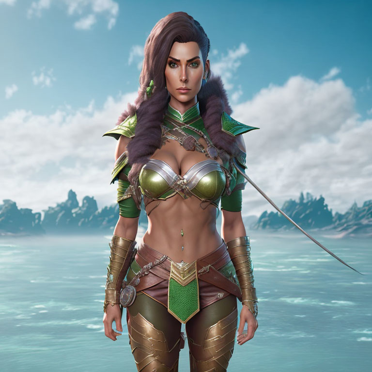 Digital Art: Fierce warrior woman in green and gold armor by icy seascape