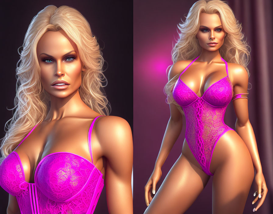 Blonde Woman in Pink Lace Bodysuit 3D Rendering