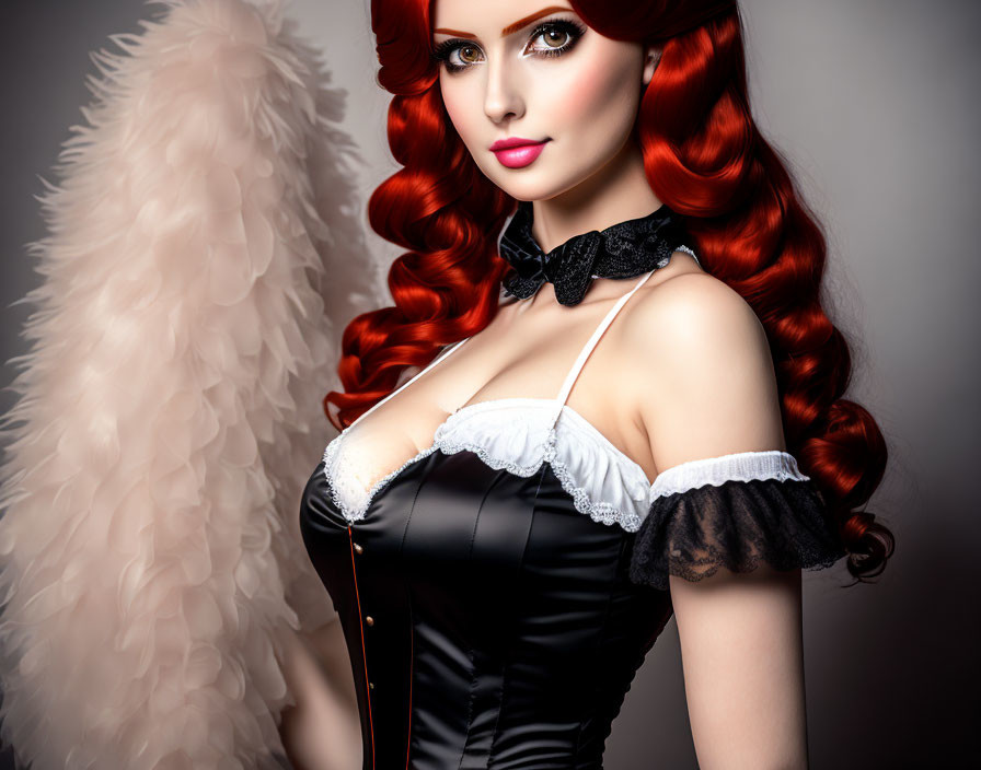 Vibrant red-haired woman in black and white corset with choker poses elegantly with feather