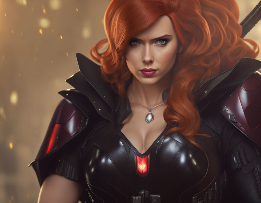 Futuristic digital artwork of confident woman with red hair in black armor