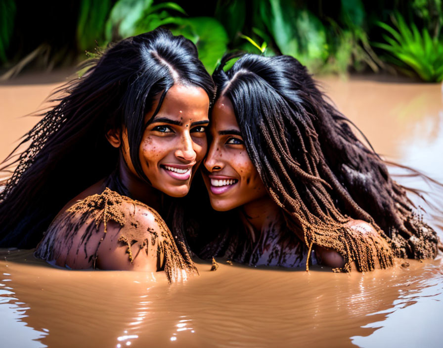 Two Women with Long Dark Hair Smiling in Brown Water