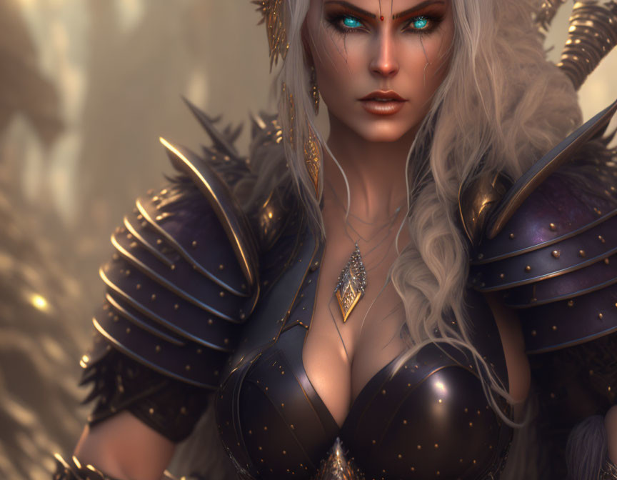 Fantasy Female Character in Dark Armor with Blue Eyes