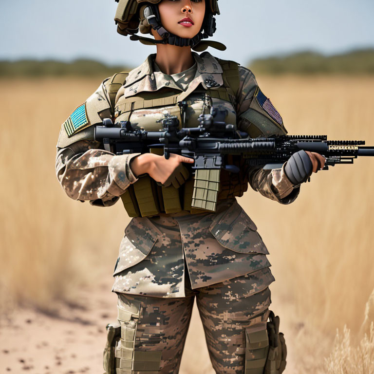 Female soldier in camouflage with rifle and tactical gear in grassy field