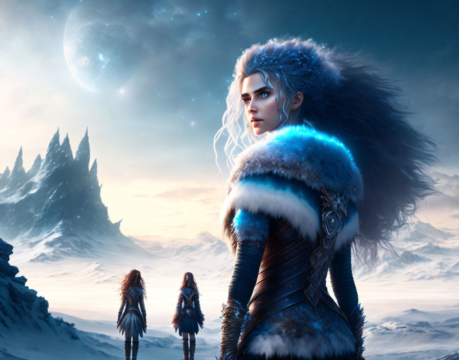 Three warriors in fur cloaks on snowy landscape under night sky