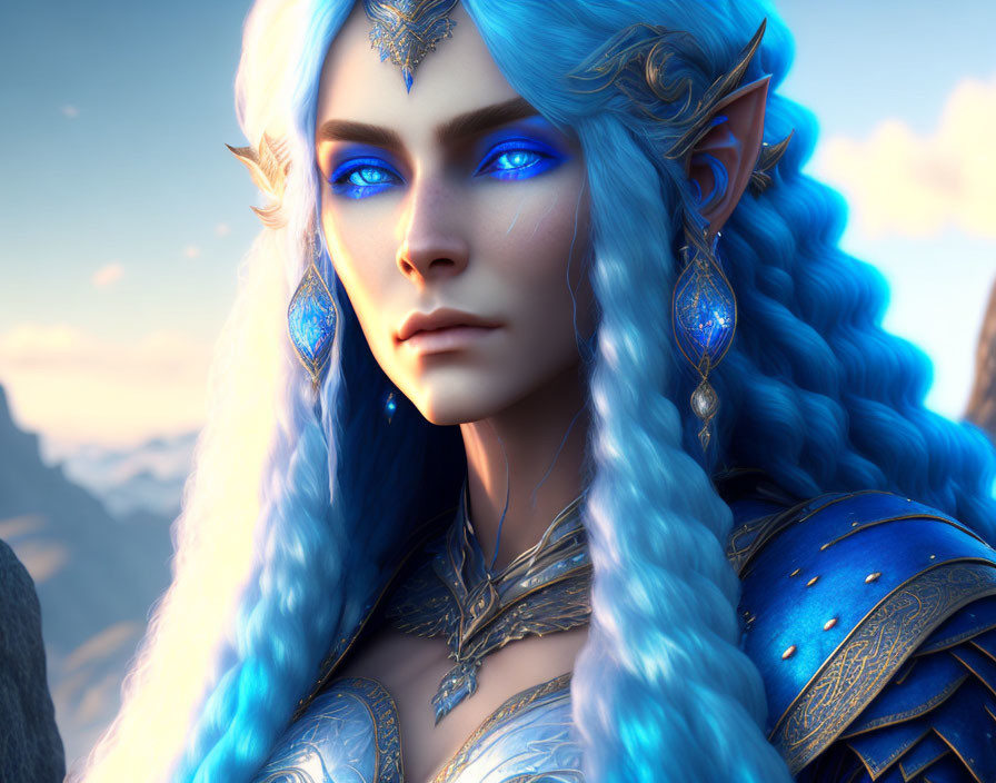 Fantasy character digital artwork with blue eyes, blue hair, pointed ears, and silver-and-blue armor