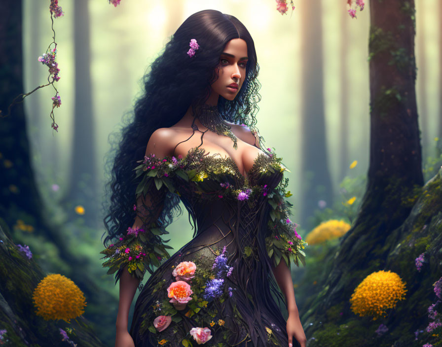 Fantasy portrait of woman in nature-inspired attire amid misty forest