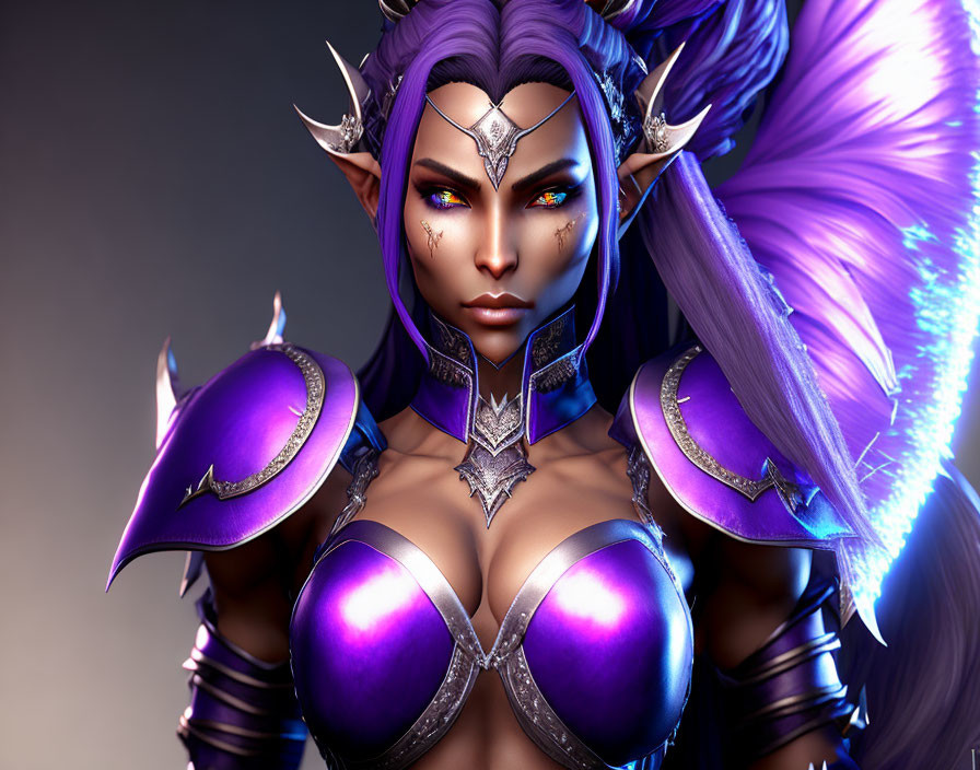 Fantasy female character with purple armor and mystical aura