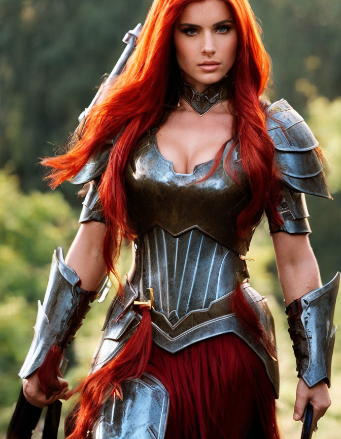 Medieval armor-clad woman with vibrant red hair in intense gaze.