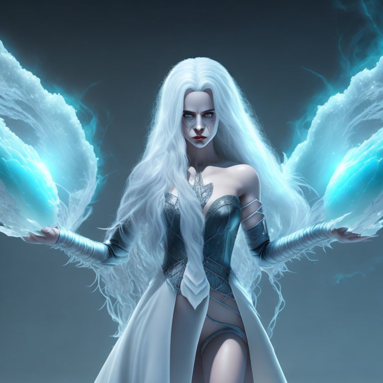 White-Haired Fantasy Character with Glowing Blue Magic in Silver Outfit