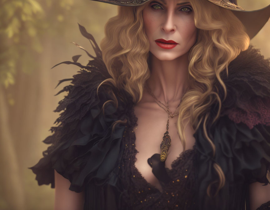 Blonde woman with striking makeup and hat in misty forest portrait