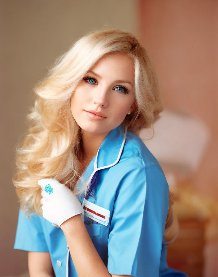 Blonde Woman in Blue Nurse Uniform and White Gloves Smiling