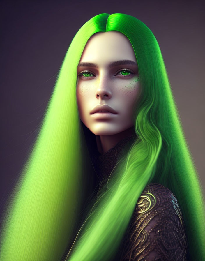 Portrait of person with lime green hair, fair skin, freckles, green eyes, and dark