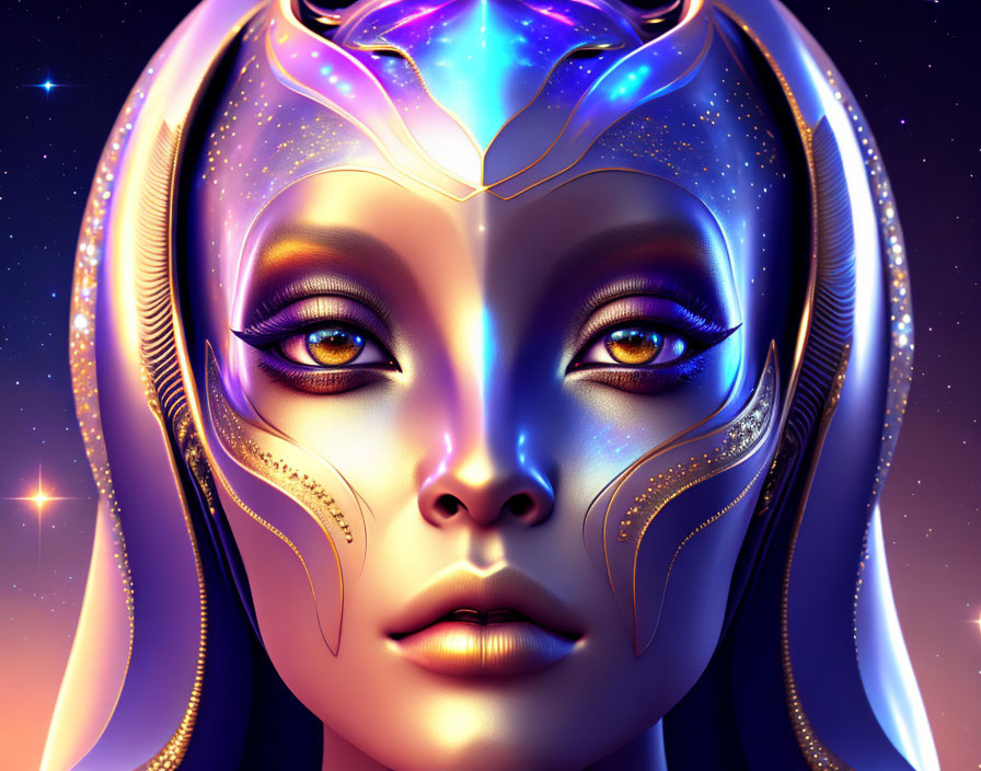 Colorful digital portrait of female figure with futuristic elements on cosmic background