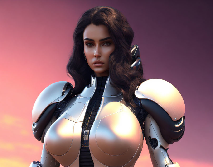 Female android in shiny armor on pink-purple gradient.