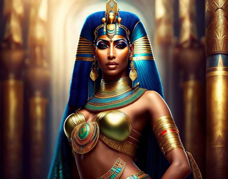 Digital artwork featuring woman as ancient Egyptian queen in golden room